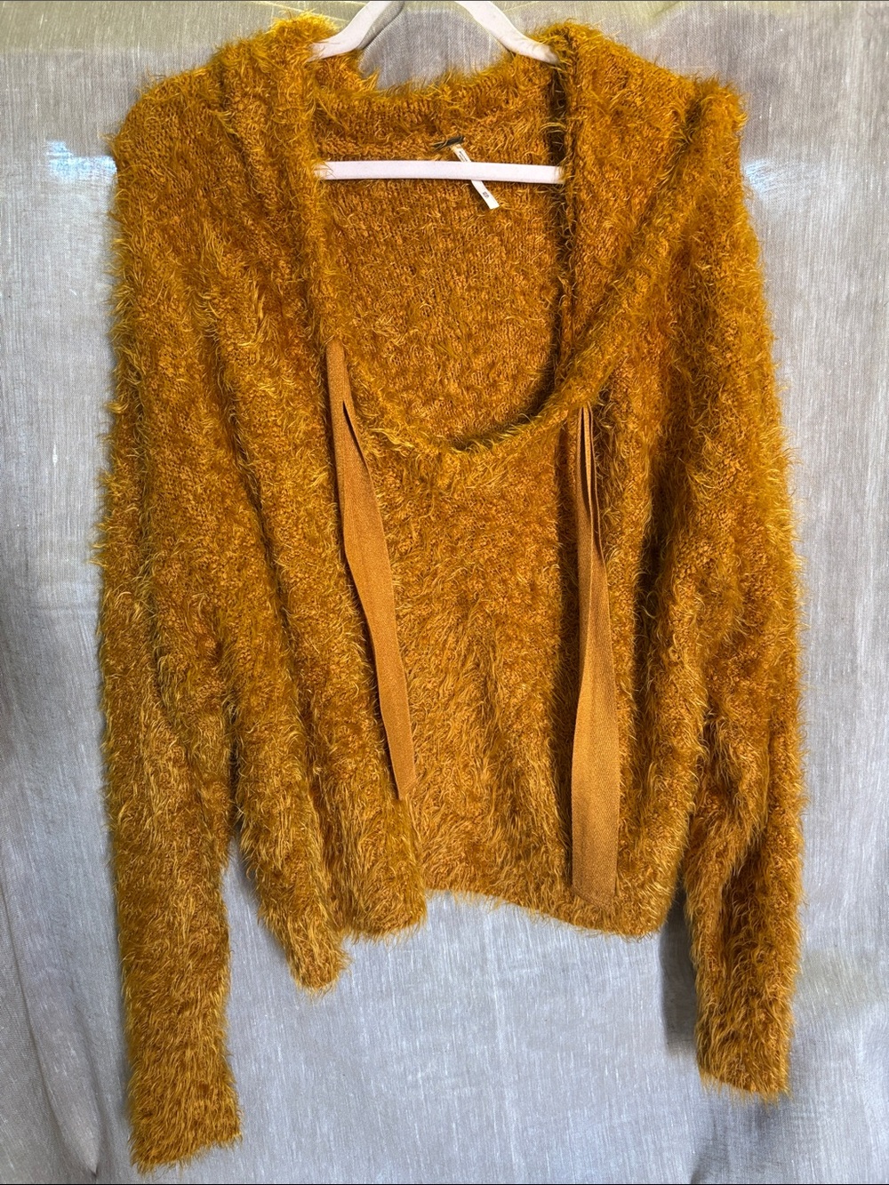 Free People Fuzzy Hooded Cowl Sweater in Mustard